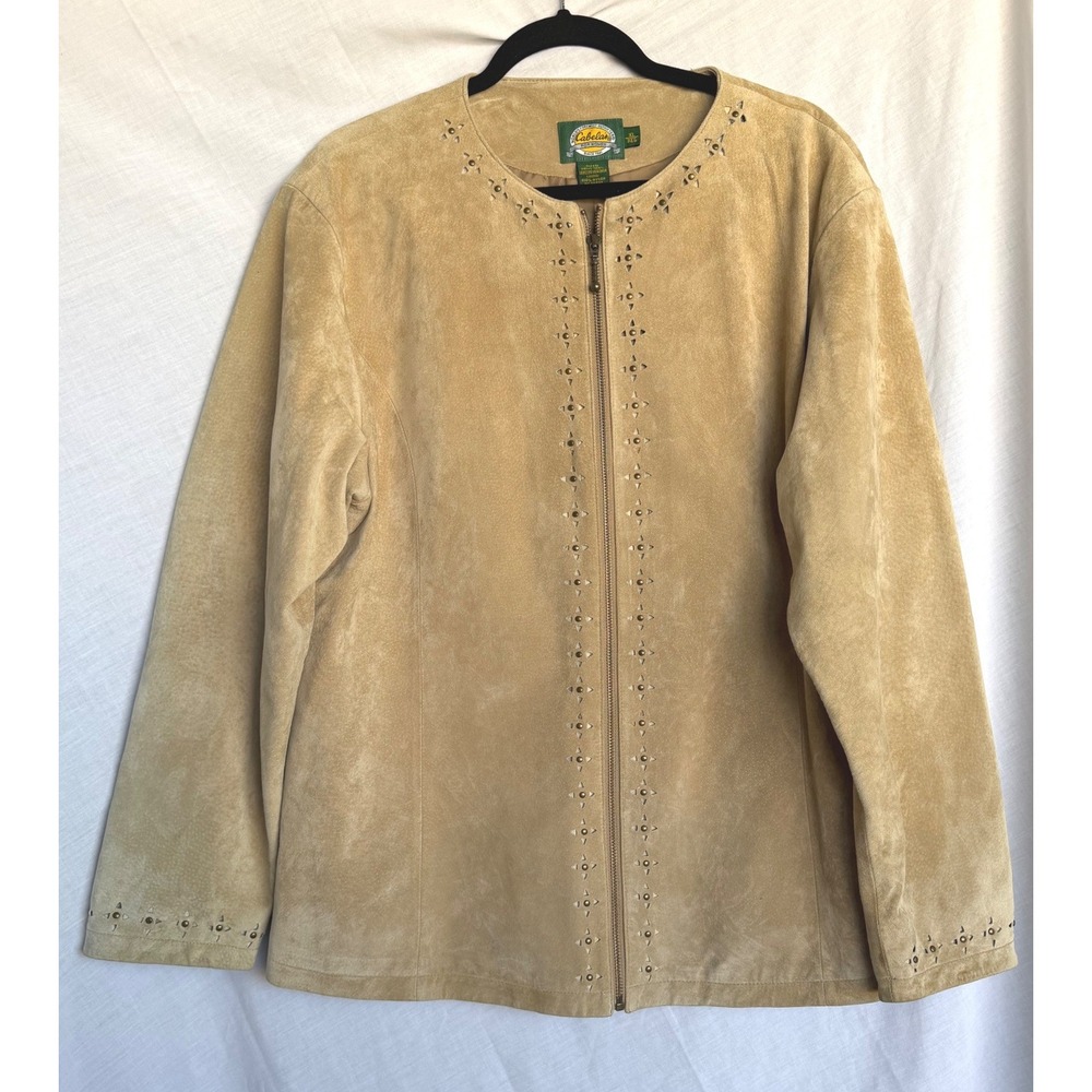 Cabelas Suede Leather Jacket Tan Studded Laser Cut Western Boho Layering XL